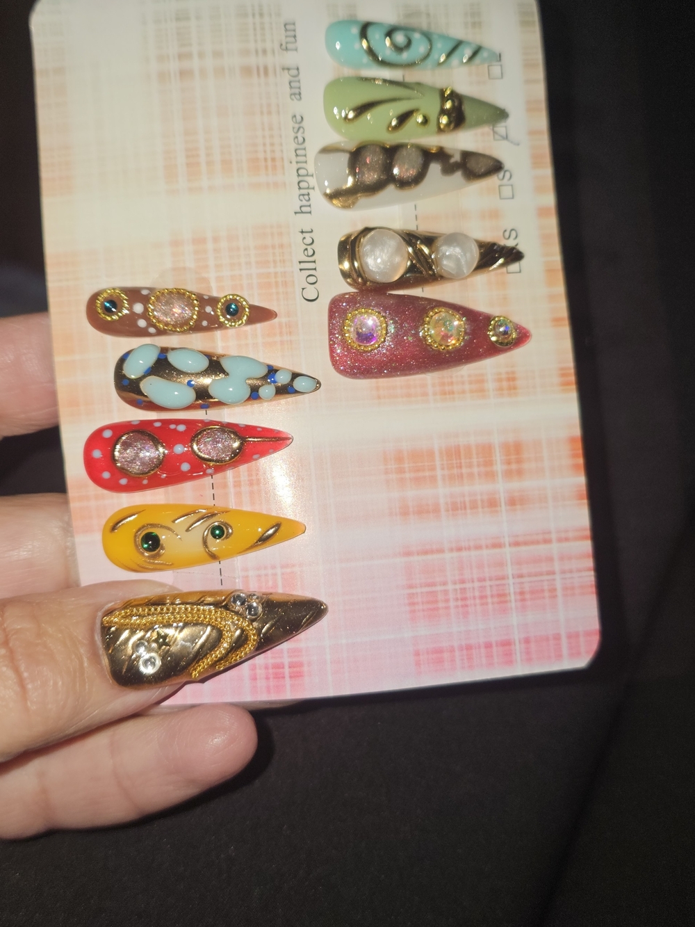 Baroque Press-On Nail Set in Yellow, Pink, Red, Turquoise, Gold NEW Size Medium